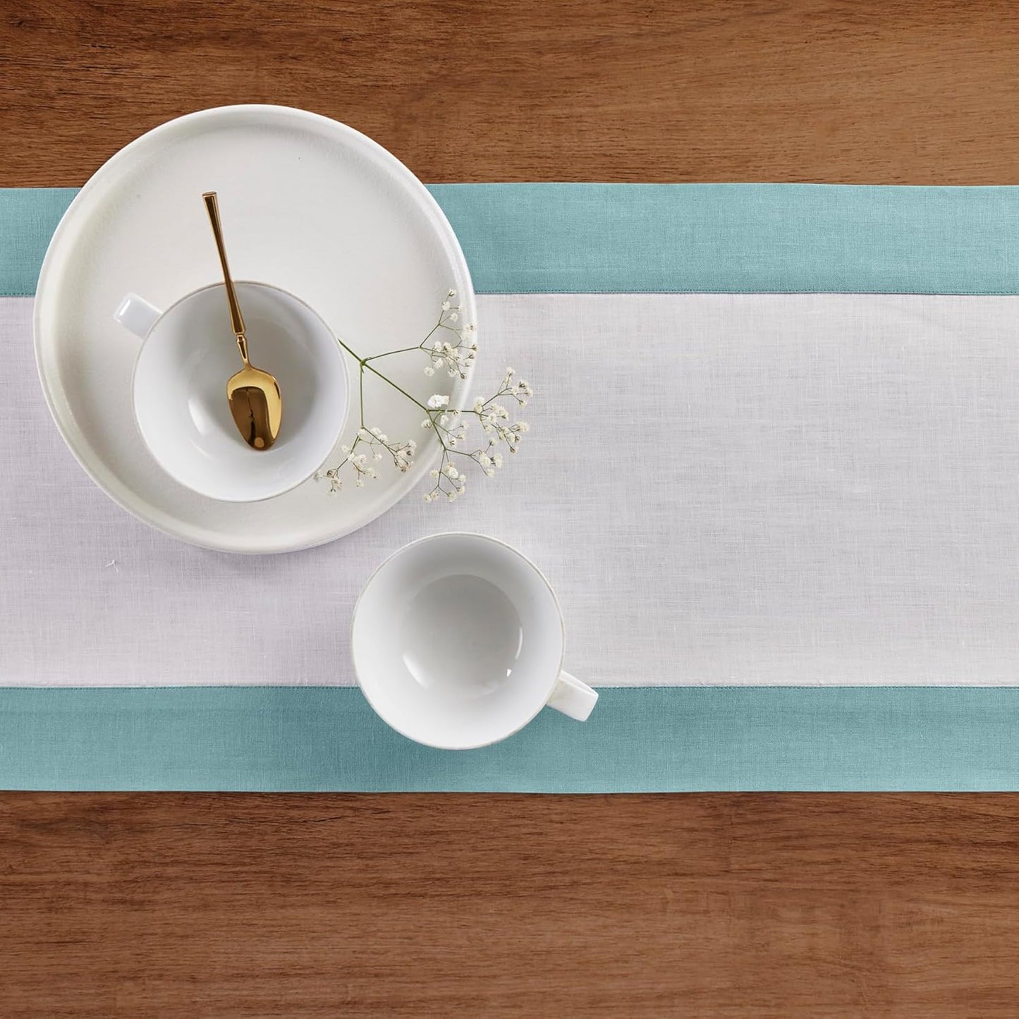 Solino Home Linen Table Runner 60 Inches - 100% Pure Linen Aqua Blue and White Short Table Runner 14 x 60 Inch Ideal for Dresser and Coffee Tables - Thanksgiving - Contempo