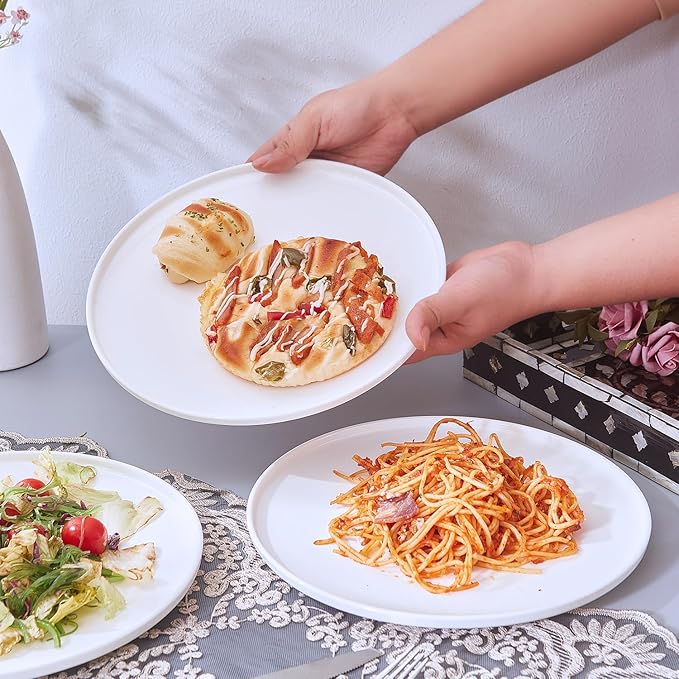 White Fine Bone China Dinner Plates, AntoKueh 10.6 Inch Large Serving Plate, Set of 6 with Shallow Edge for Pasta, Steak, Dishwasher/Microwave safe