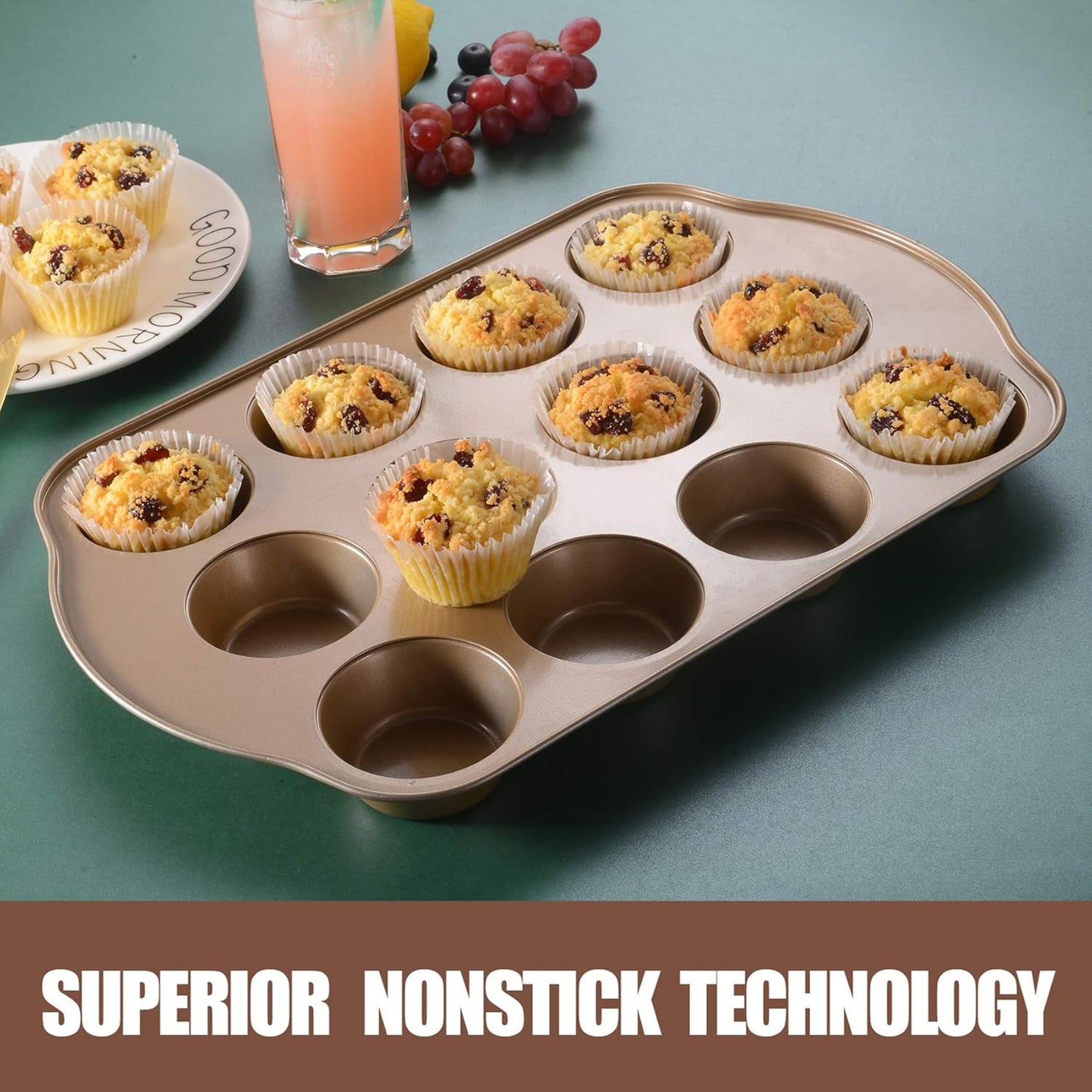 2 Pack Nonstick Muffin Pan Set, 12-Cup Heavy Duty Cupcake Baking Pan with Handles - PFOA-Free Muffin Tin, Rust Proof & Warp Resistant, Oven Safe 430°F (Gold)