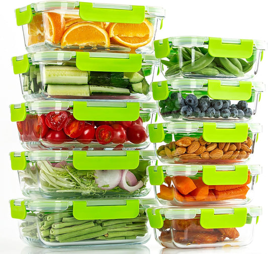 UMEIED 10 Pack Glass Food Storage Containers with Lids Leakproof, Airtight Glass Meal Prep Containers For Lunch, On The Go, Leftover, Dishwasher Safe