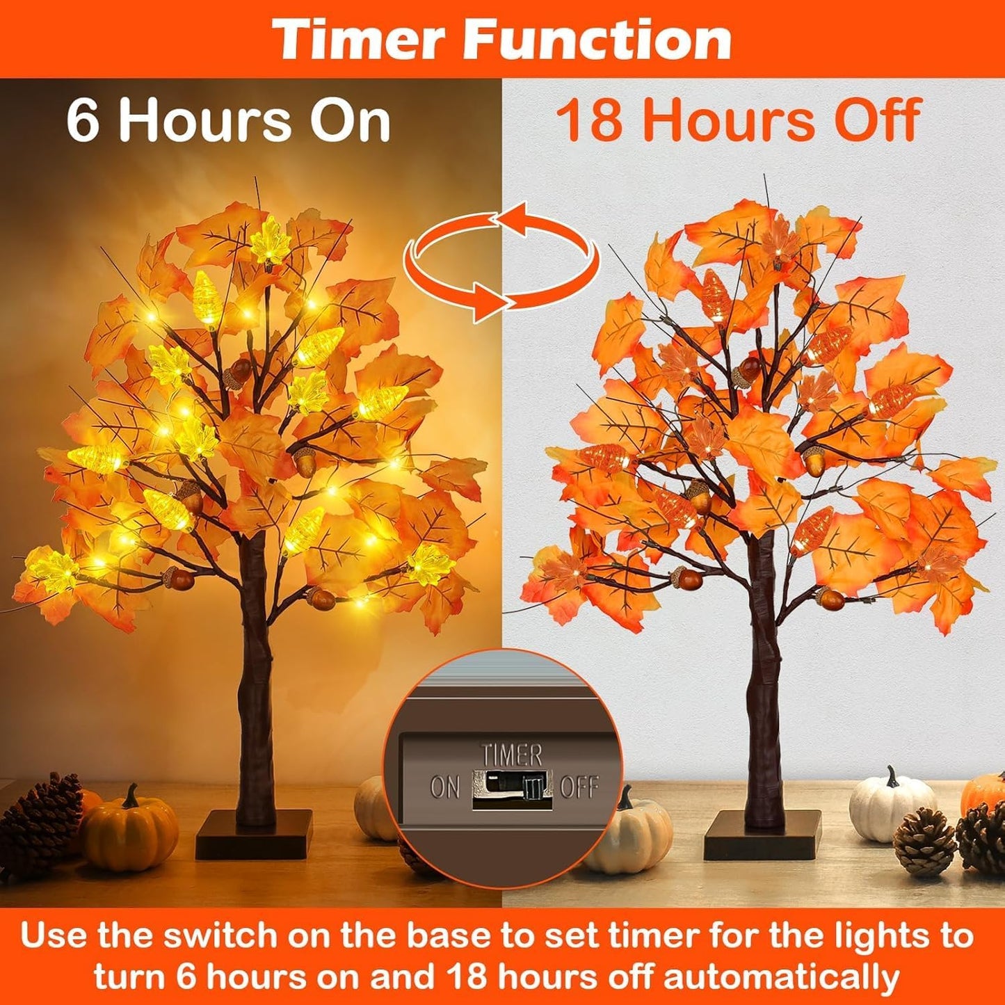 2 Pack 24 Inch Prelit Fall Maple Tree Decorations with 48 LEDs Timer Fall Battery Operated Lighted Artificial Pumpkin Acorn Light Up Maple Tree for Thanksgiving Harvest Table Home Indoor Decor