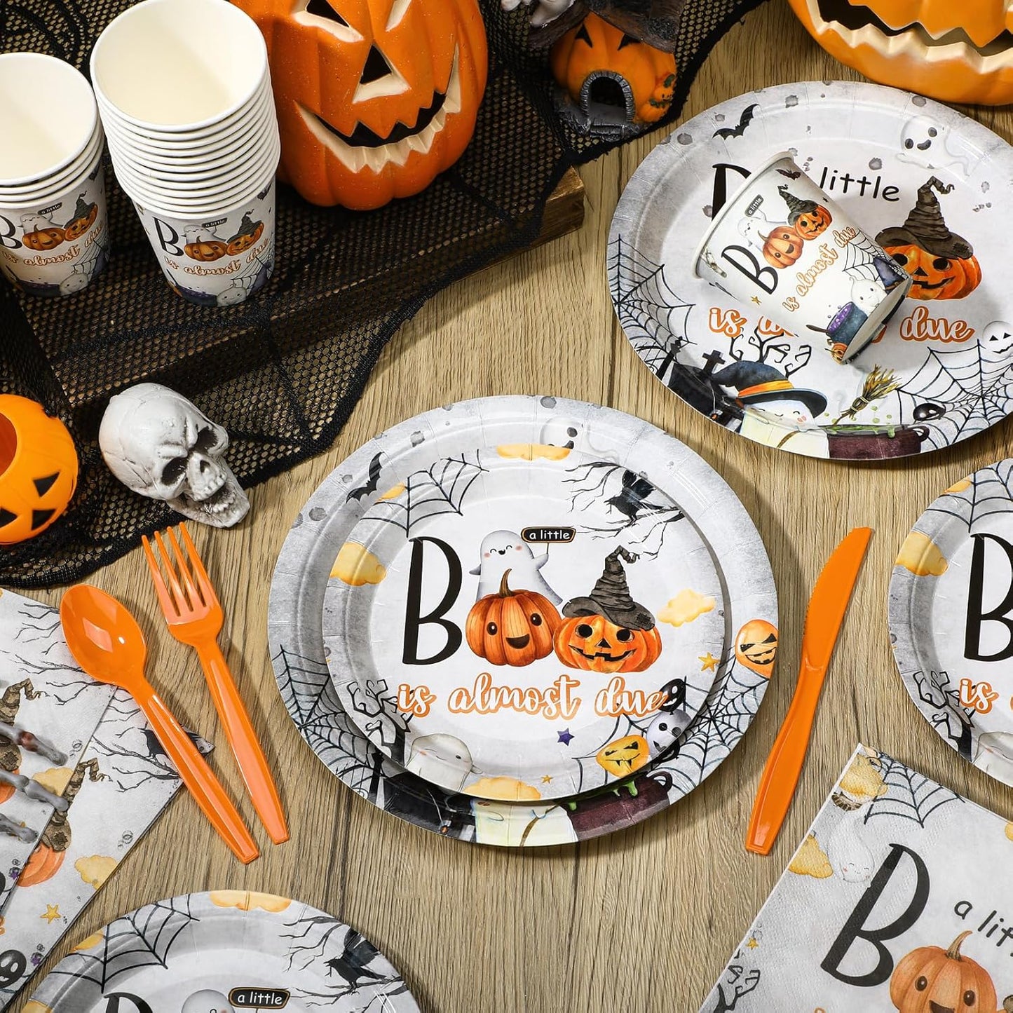 Dandat 350 Pcs Baby Shower Plates Set Baby Shower Party Supplies Serves 50 Tableware Sets Include Plates Napkin Cup Forks Knives Spoons Disposable Dinnerware(Boo,Orange)