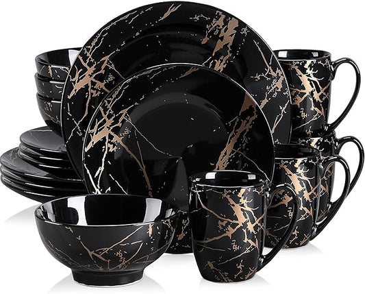 LOVECASA Black Plates and Bowls Sets for 4, Porcelain Dinnerware Sets 16 Piece Gold Splash Glaze Ceramic Dish Set, Round Dinner Set with Mugs, Dishwasher Microwave Safe