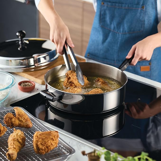 Farberware Classic Series Anniversary Edition Stainless Steel Sauté Pan and Lid with Helper Handle, Induction Suitable, 6 Quart Jumbo Cooker, Metal Utensil Safe - Stainless Steel