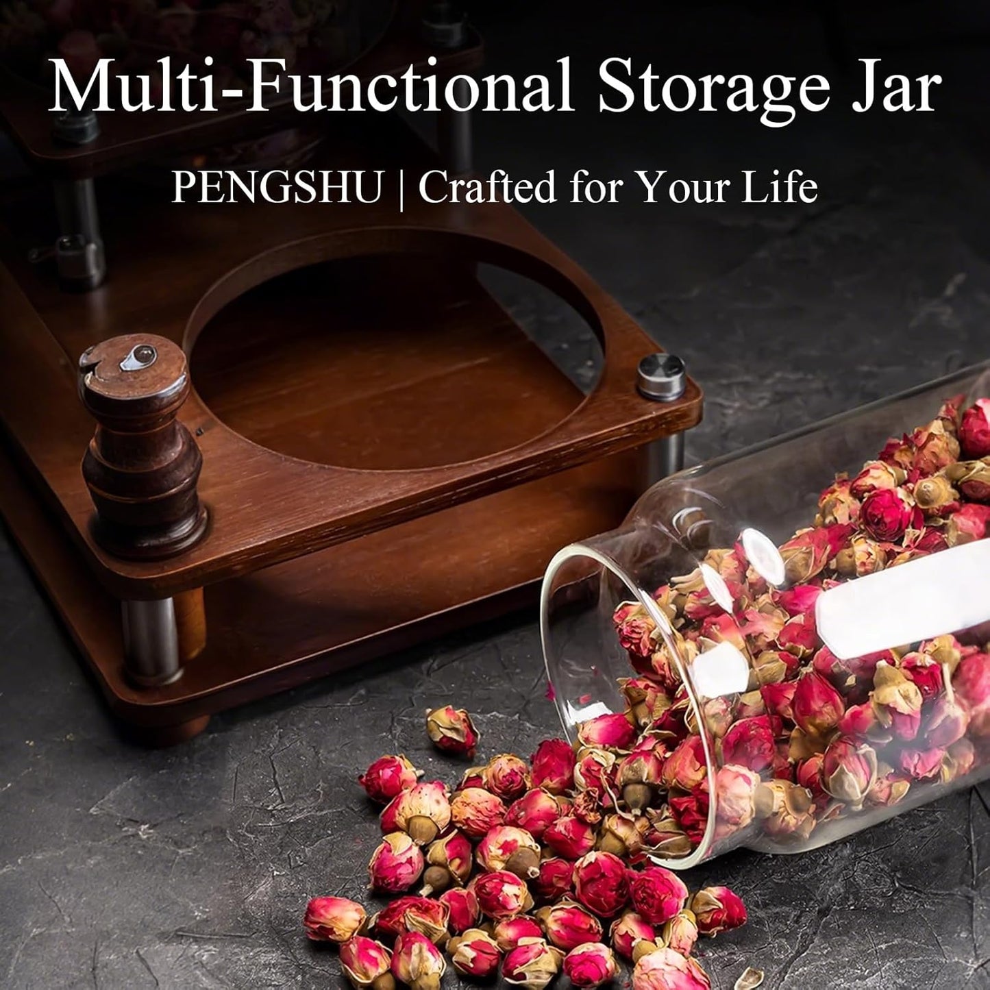 Glass Jars with Airtight Wood Lids - 25 oz Small Kitchen and Pantry Storage Containers, Canisters for Chia Seed, Ground Coffee, Sugar, Spice, Salt, Salad, Matcha, Set of 2