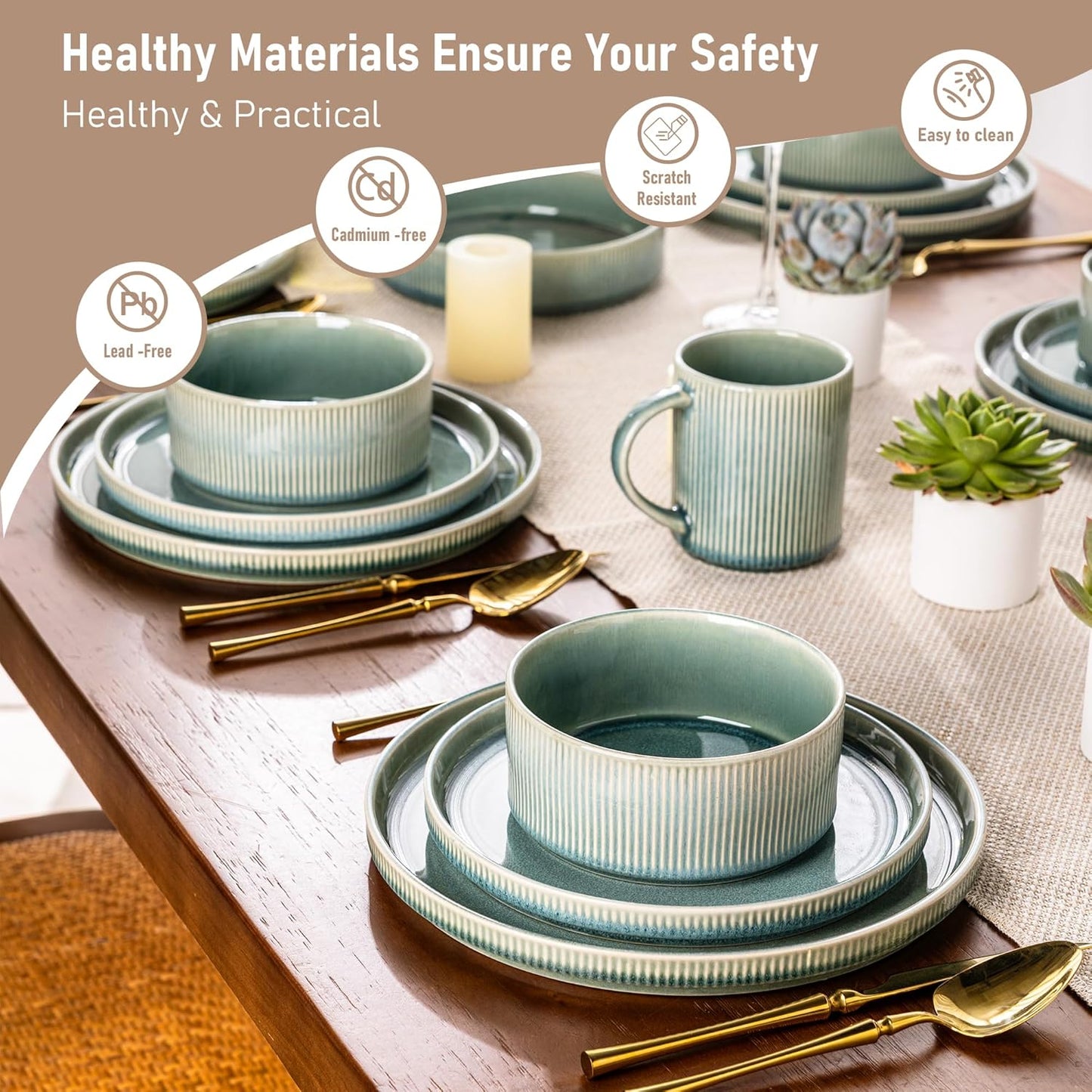 GBHOME Stoneware Dinnerware Sets for 4,Round Reactive Glaze Ceramic Plates and Bowls Set,Highly Scratch Resistant | Dishwasher & Microwave Safe Dishes Set,Service for 4(12Pcs)
