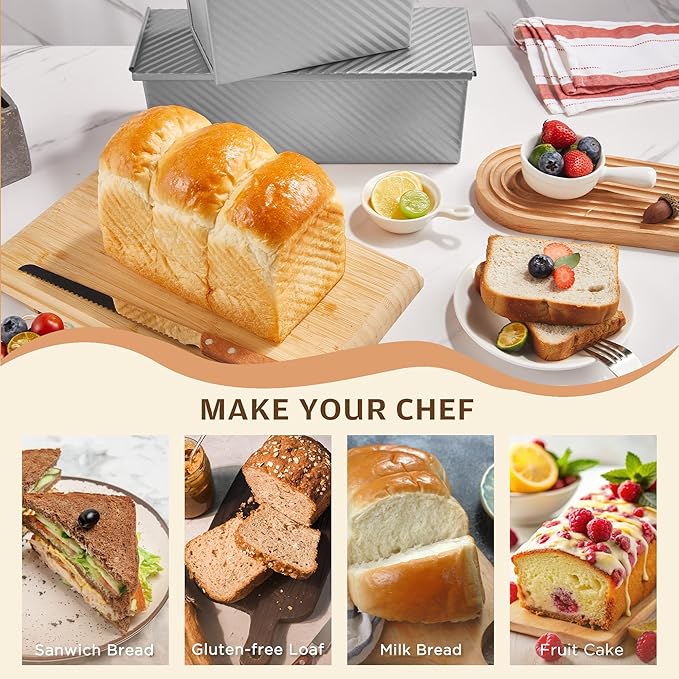 KITESSENSU Pullman Loaf Pan with Lid, 1 lb Dough Capacity Non-Stick Bakeware for Baking Bread, Carbon Steel Corrugated Bread Toast Box Mold with Cover for Baking Bread, Silver