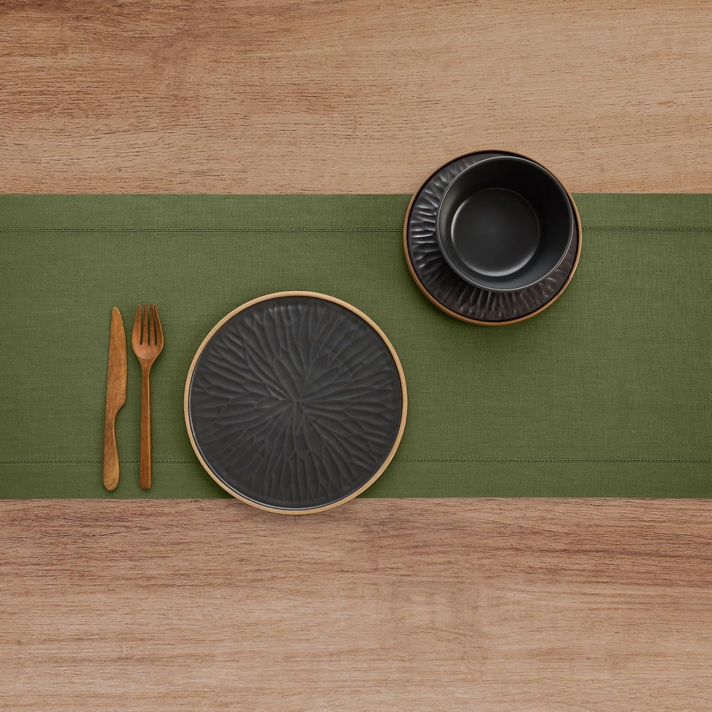 Solino Home Linen Olive Table Runner 108 Inches Long - 100% Pure Linen 14 x 108 Inch Table Runner for Fall, Autumn, Thanksgiving - Classic Hemstitch