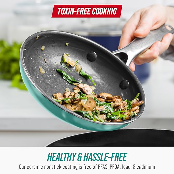 Blue Diamond 8" Nonstick Frying Pan Skillet, Diamond Infused Ceramic PFAS-Free, Dishwasher & Oven Safe, Stay Cool Handle, Durable Non Toxic Metal Utensil Safe, Egg & Omelet Pan, Turquoise
