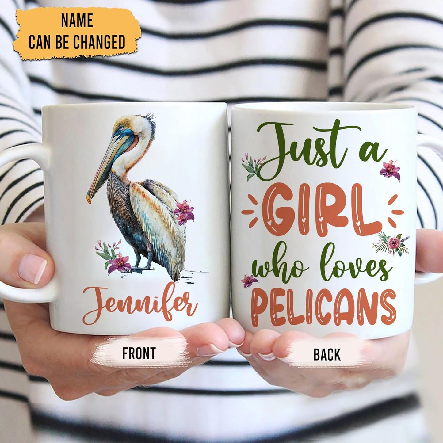 Hyturtle Personalized Gifts Pelican Lover - Just A Girl Who Loves Pelicans Custom Name Ceramic Coffee Mug Cup 11oz - Idea Cute Animal Lover Gifts For Women, Girl On Birthday, Christmas