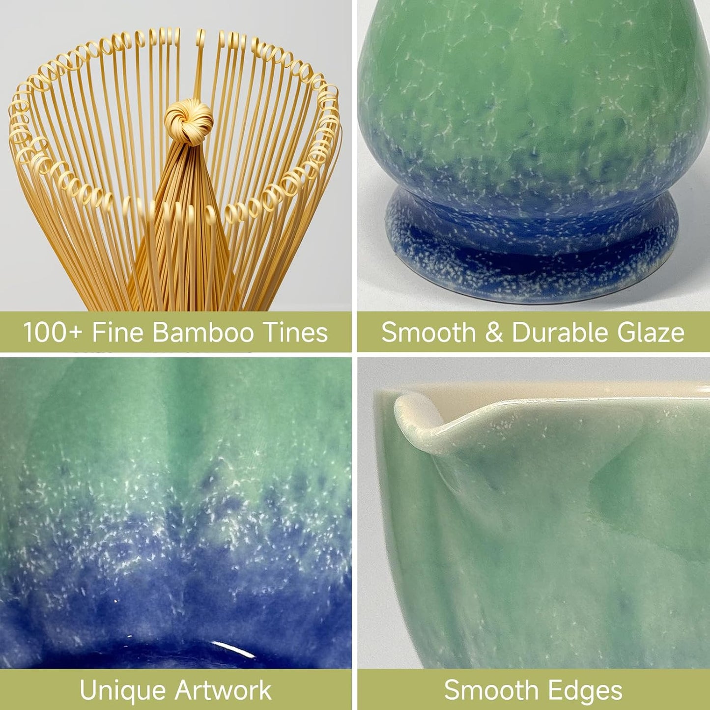 Matcha Whisk Set with Ceramic Bowl - Bamboo Whisk (Chasen), Scoop, Sifter & Holder - Complete Kit for Traditional Matcha Tea - Unique Gifts for Tea Lovers (Kiln-Frost)