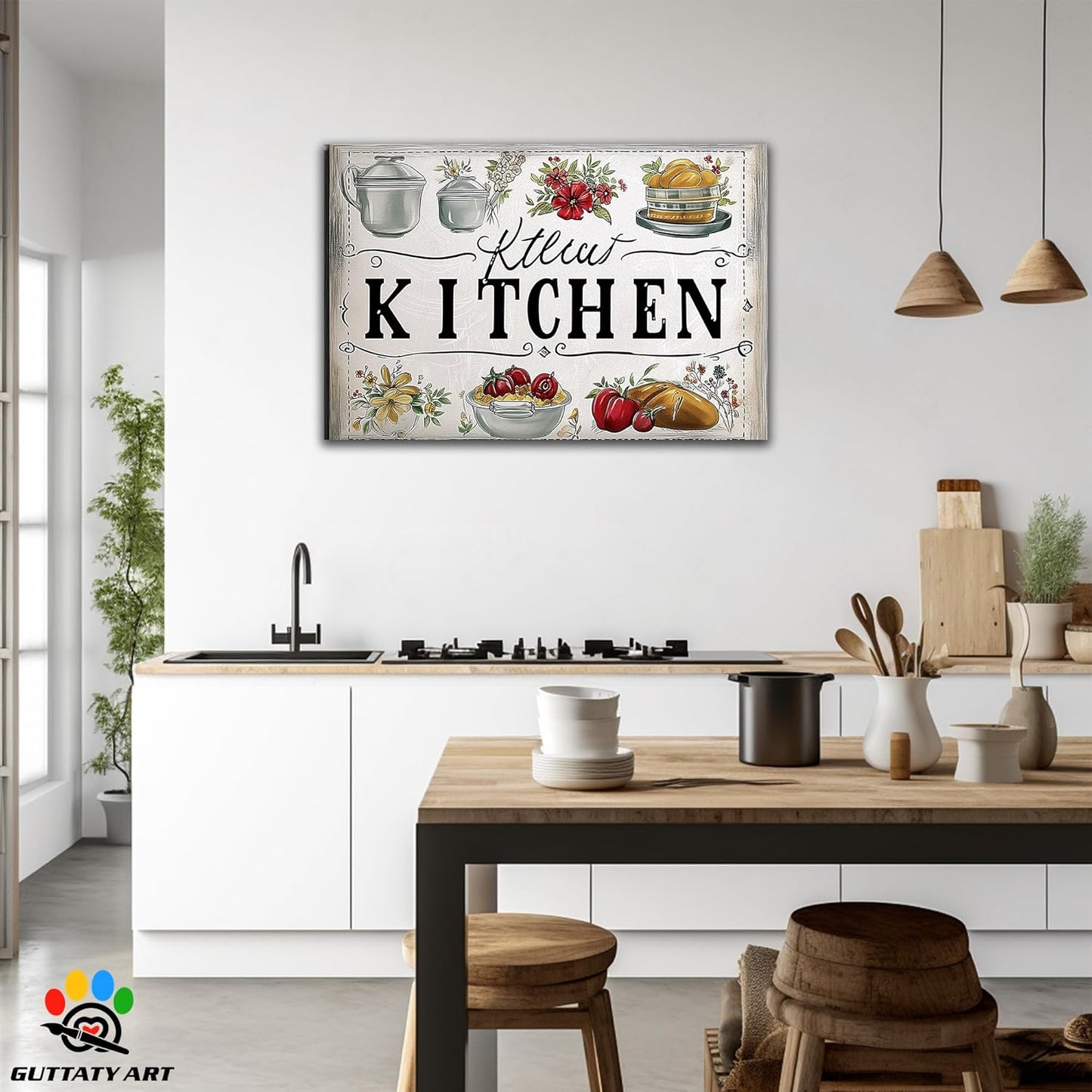 GUTTATY Kitchen Pictures Wall Decor, Farmhouse Wall Art Decor Colorful Vegetables and Flowers Painting for Dinning Room Restaurant Decor, Mother's Day Gift for Grandma Mom Hanging Artwork 32×48 Inch