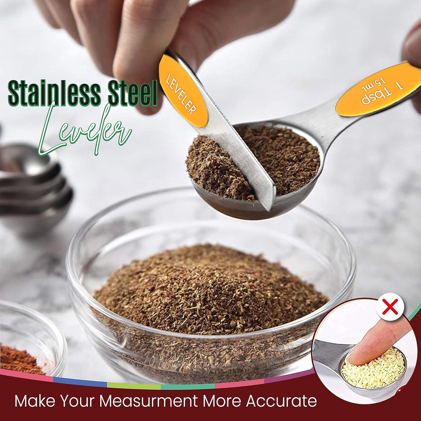 Magnetic Measuring Spoons Set of 9 Stainless Steel Dual-Sided Stackable Measuring Spoon Nesting Teaspoons Measuring Dry and Liquid Ingredients, Fits in Spice Jars Set of 9 (Orange)