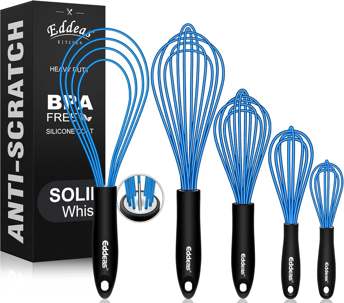 Silicone Whisk, Non Scratch Whisk for Cooking, 5+7+9+11in Balloon Whisks, Suitable for Mixing, Blending. 11in Flat Whisks great for Ceramic Coated pans and Wider shallower pots. (Blue)