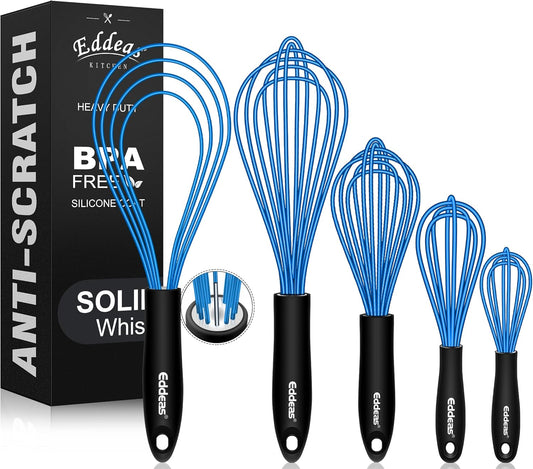 Silicone Whisk, Non Scratch Whisk for Cooking, 5+7+9+11in Balloon Whisks, Suitable for Mixing, Blending. 11in Flat Whisks great for Ceramic Coated pans and Wider shallower pots. (Blue)