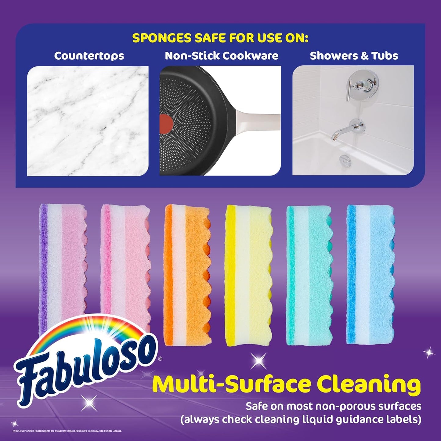 Fabuloso Sponges, Rainbow - Assorted Color Scratch-Free Scrubber for Dishes and Surfaces - Dishwashing Sponge for Bold and Bright Cleaning Experience, 12 Count