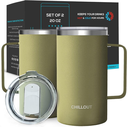 CHILLOUT LIFE Stainless Steel Vacuum Insulated Coffee Mug 16 oz (Set of 2) with Handle and Lid, Large Thermal Camping Coffee Mugs with Sliding Lid for Men & Women, Keeps Your Beverages Hot & Cold