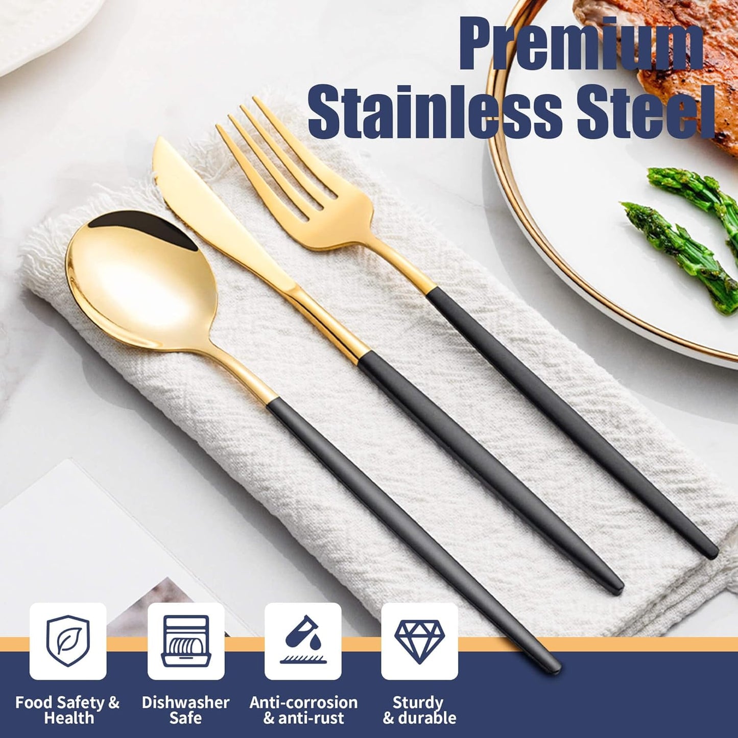 20 Piece Black Gold Silverware Set,Stainless Steel Flatware Cutlery Set Service for 4 Including Forks Spoons Knives,Utensil Set,Tableware for Home and Restaurant, Dishwasher Safe