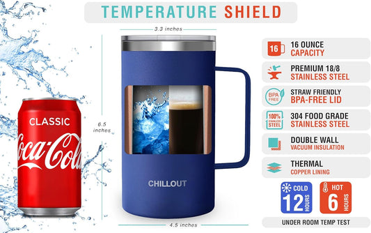 CHILLOUT LIFE Stainless Steel 20 oz Vacuum Insulated Coffee Mug with Handle and Lid, Large Thermal Camping Coffee Mug Cup with Durable Sliding Lid for Men & Women, Keeps your Beverages Hot/Cold