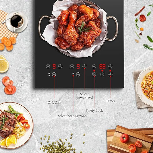 2 Burner Electric Cooktop 12 Inch, 110V Electric Stove with Touch Control, 2000W Ceramic Cooktop, Built-in & Countertop, Overflow Protection, Safety Lock, Timer(Plug in)