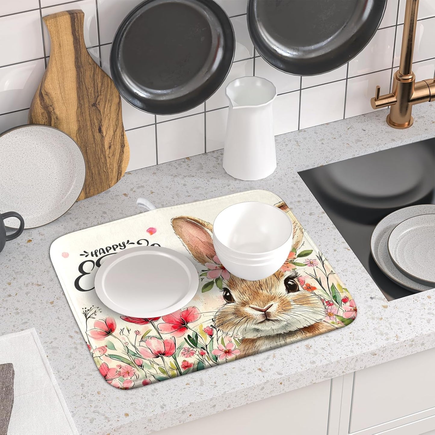 Easter Bunny Dish Drying Mats 16x18 Inch,Cute Rabbit Flowers Absorbent Microfiber Dishes Drainer Rack Mat Quick Dry Drying Pad for Countertop Sink Bar Utensils Holiday Decor