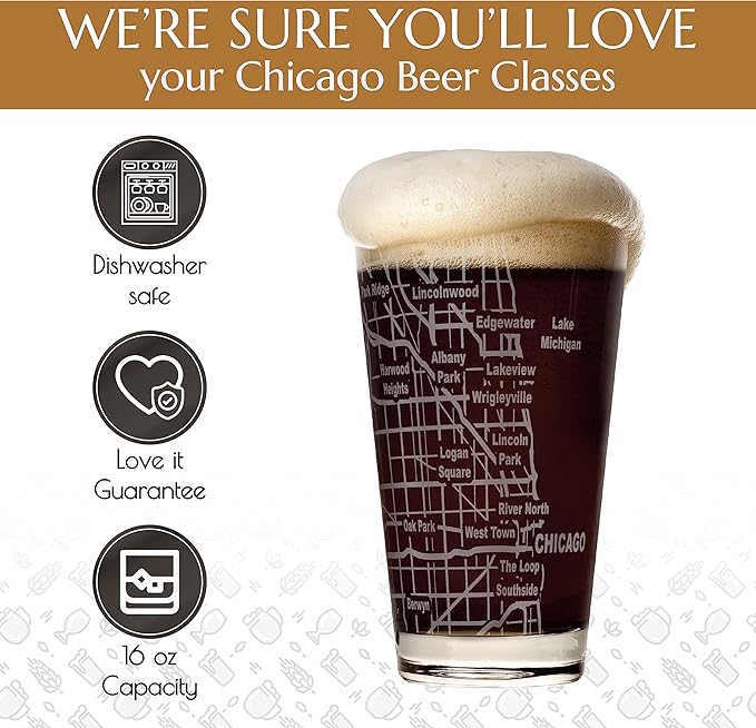 Greenline Goods Beer Glasses - 16 oz Drinkware Set for Chicago lovers - Set of 2 - Etched with Chicago, IL Map | Premium Decorative Glassware