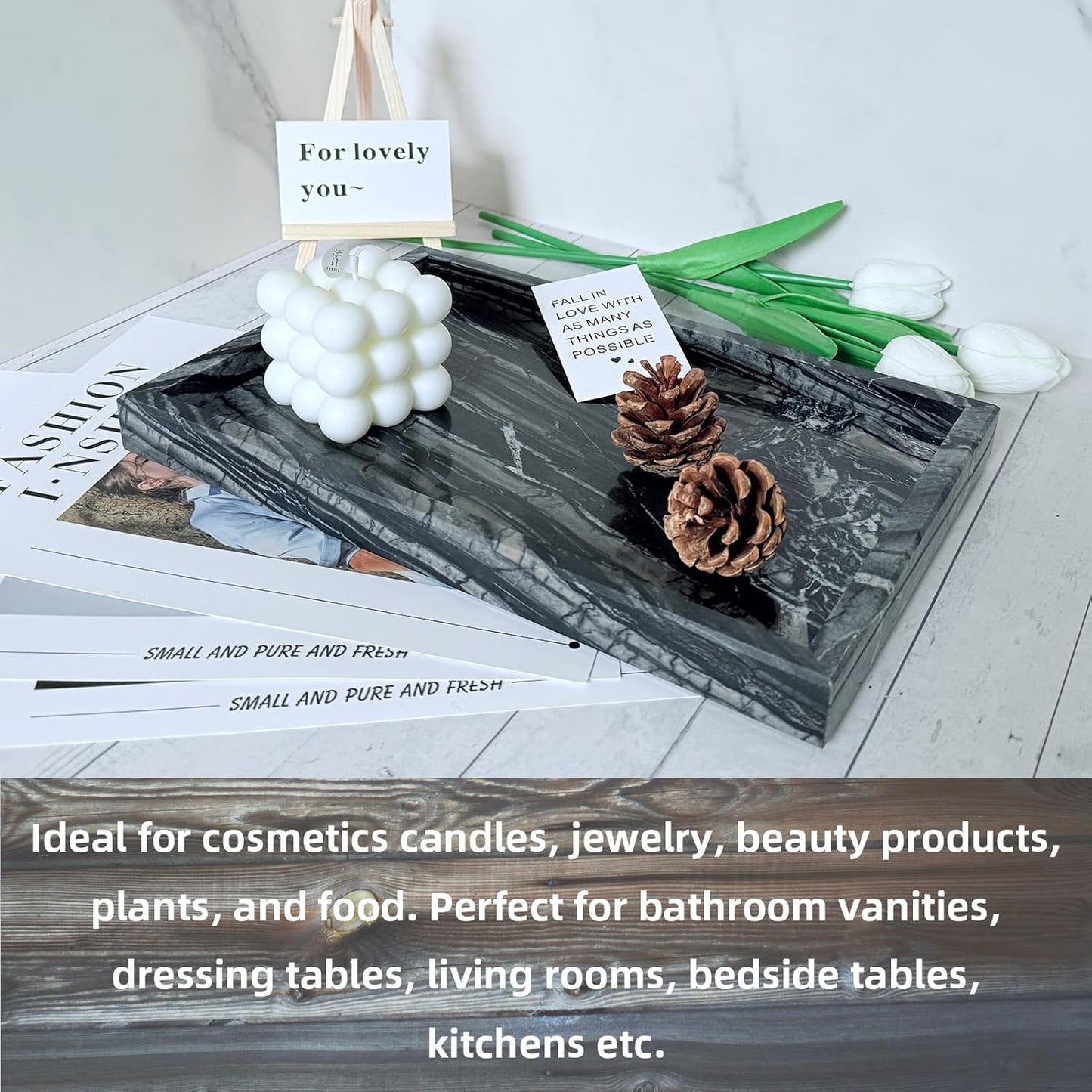 Yew & Tulip Natural Marble Vanity Tray, Nature Dark Woodgrain Marble Serving Tray for Bathroom, Kitchen, Vanity, Home Decor, Wedding etc. (12"x 8" x 1.2")