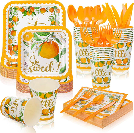 350 Pcs Paper Plates and Napkins Set Disposable Dinnerware Party Supplies Tableware Serve 50 Guest Cups Knife Forks Spoon(Orange,Little Cutie)