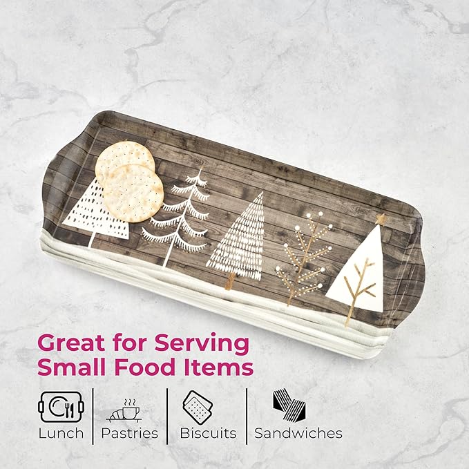 Pimpernel Home Collection Rectangular Melamine Tray – (15" x 6.5") Lightweight Serving Platter with Wood Finish & White Evergreen Design, Decorative Accent for Tabletop, Dining & Entertaining
