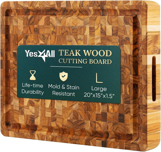 Yes4All Durable Teak Cutting Boards for Kitchen, [20''L x 15''W x 1.5” Thick] Large End Grain Cutting Board, Pre Oiled Wood Cutting Boards, Thick Chopping Board w/Juice Grooves and Easy Grip Handle