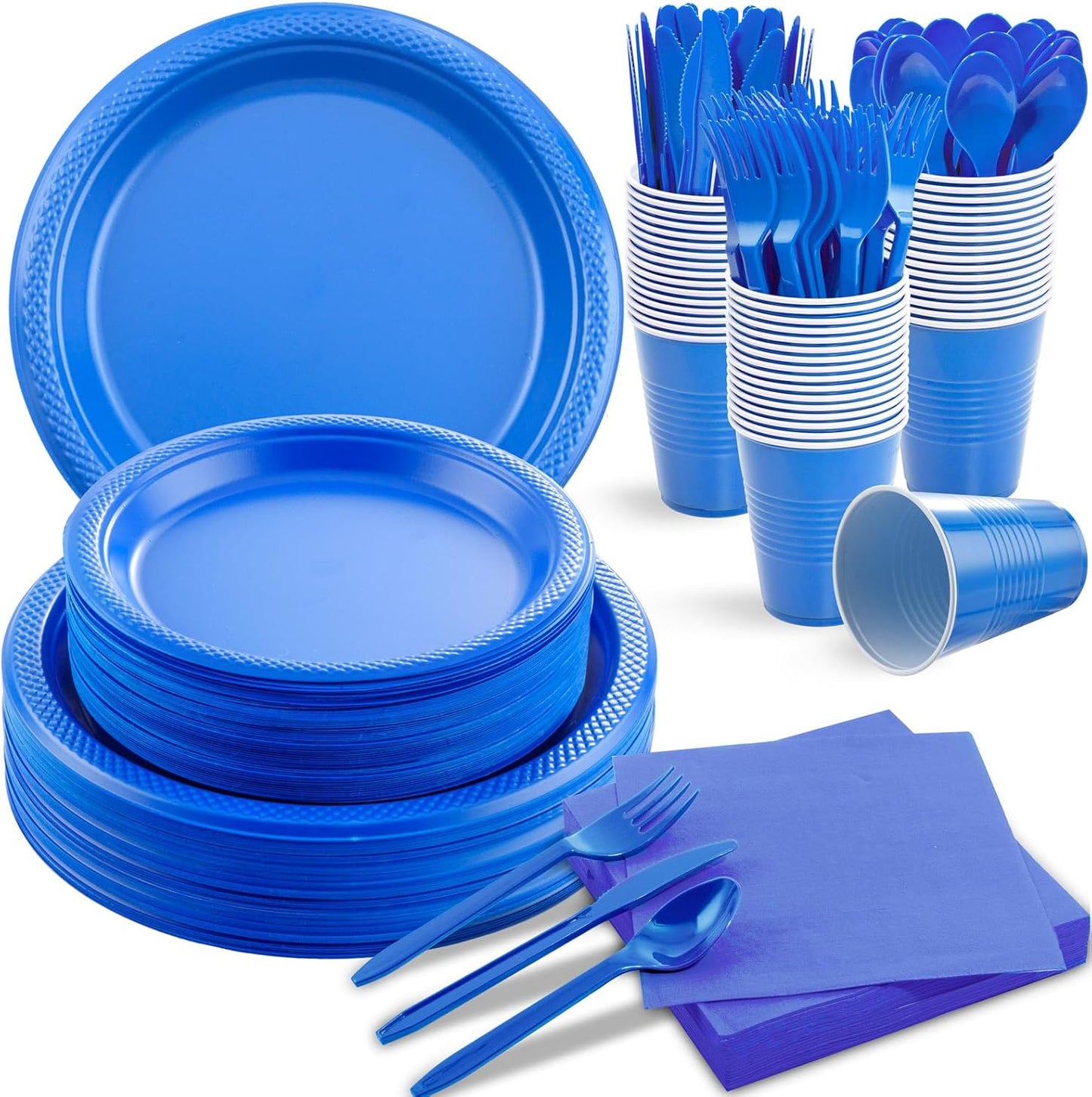 MirthMood 350 Pieces Blue Party Supplies, Disposable Dinnerware Set, Including Blue Plastic Plates and Napkins, Plastic Cutlery and 12OZ Cups