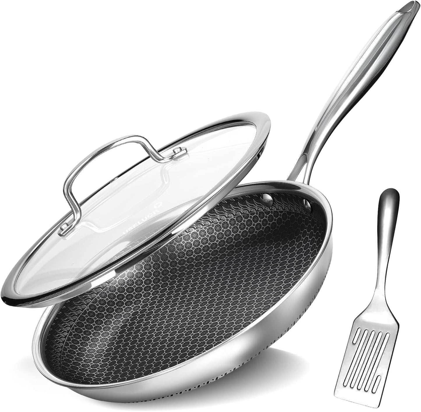 Frying Pan 8 Inch Nonstick pan with Lid, Stainless Steel Skillet with Honeycomb Surface, Induction Compatible, Oven & Dishwasher Safe, PFAS-Free Cookware