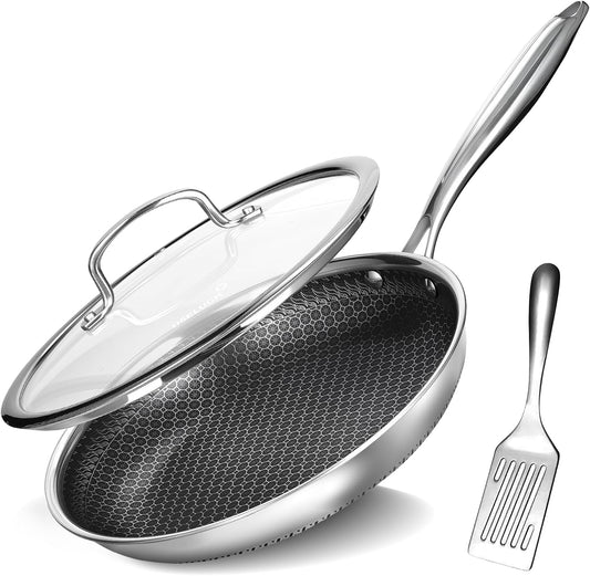 Frying Pan 8 Inch Nonstick pan with Lid, Stainless Steel Skillet with Honeycomb Surface, Induction Compatible, Oven & Dishwasher Safe, PFAS-Free Cookware