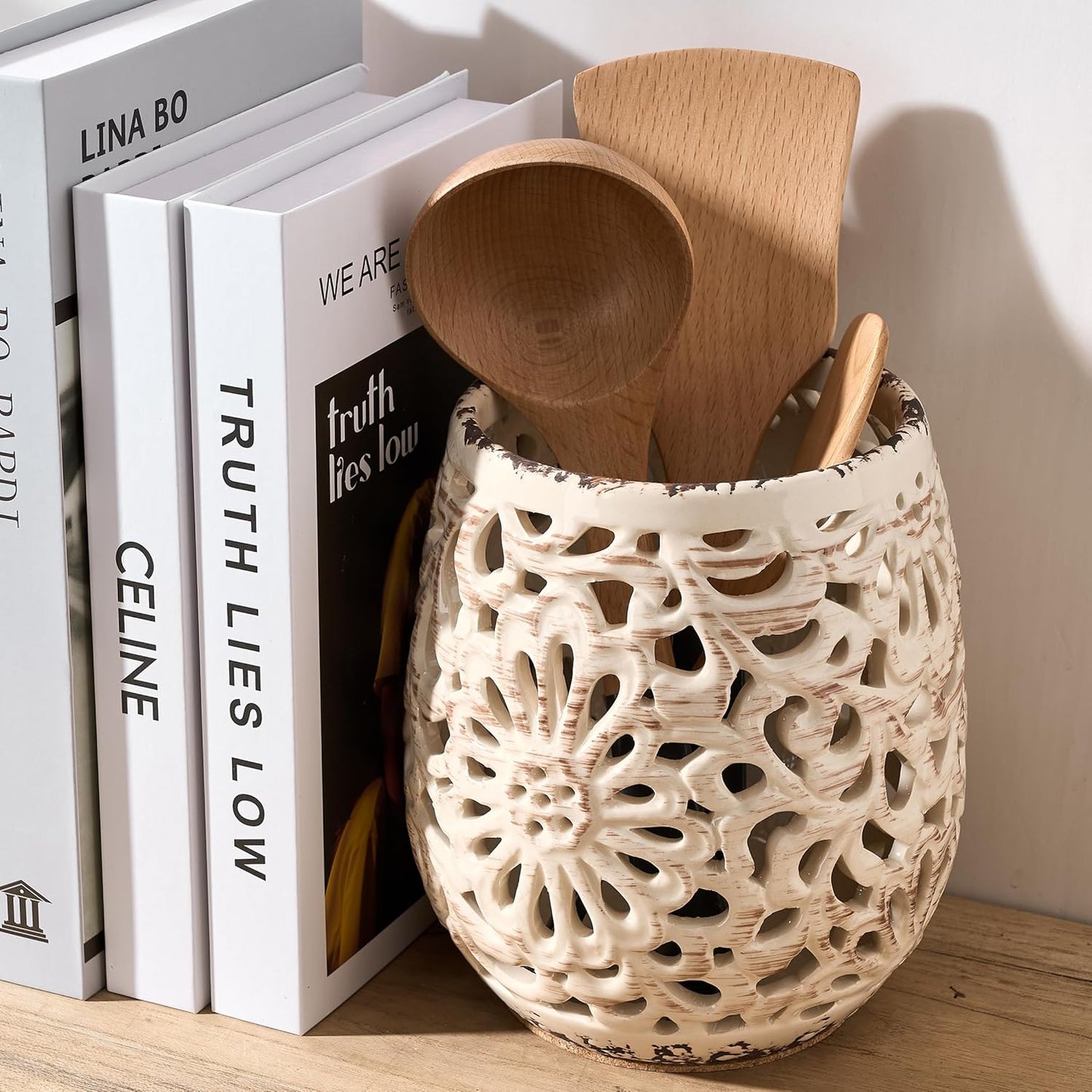 Farmhouse Kitchen Utensil Holder for Kitchen Counter, Ceramic Large Cooking Utensil Crock with Cork Mat, Countertop Cooking Tool Spatula Organizer, Beige Antique Design