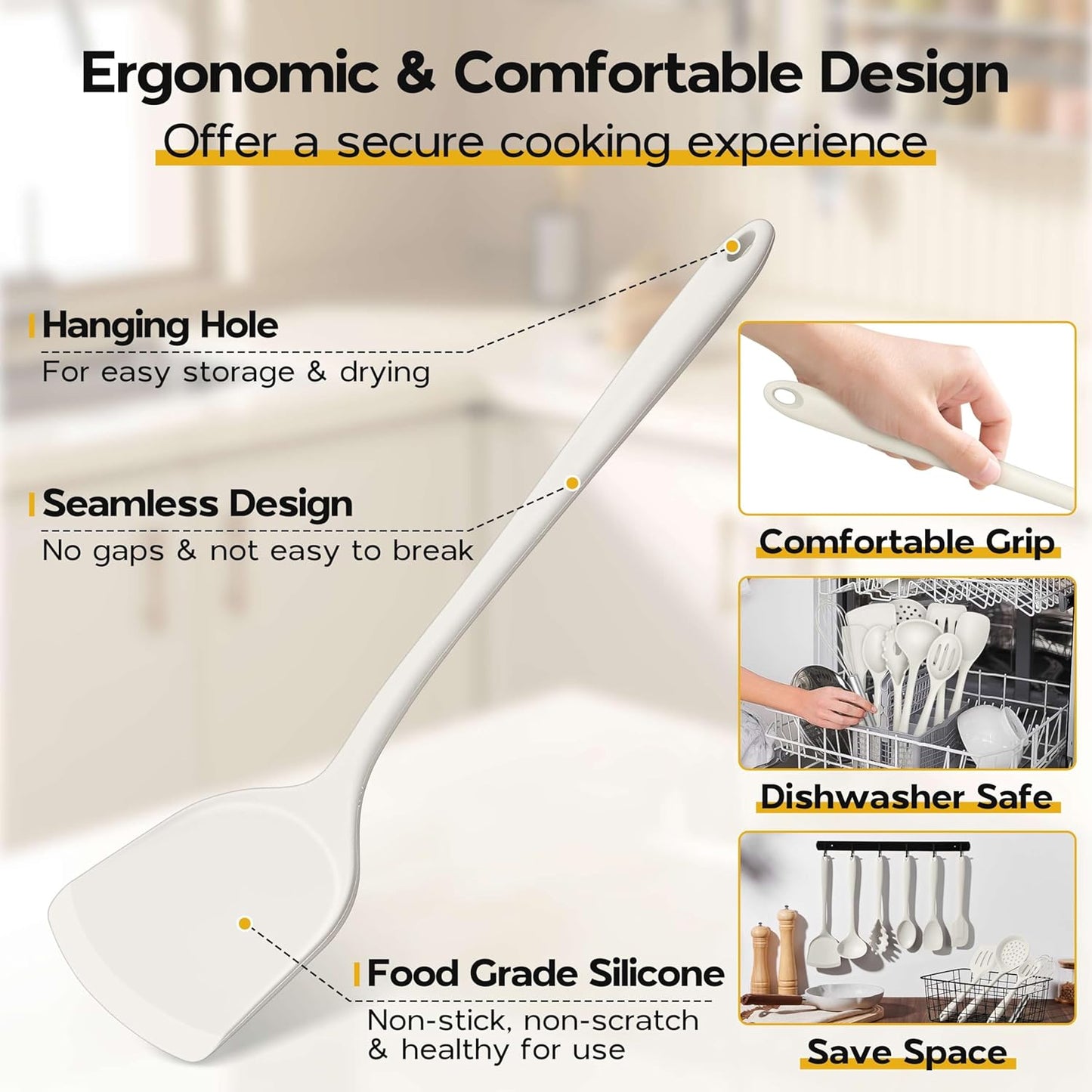 Onader Kitchen Cooking Utensils Set of 10, Silicone Utensils Set for Cooking, Includes Non Toxic Turner Spoon Spatula Whisk Pasta Server - White