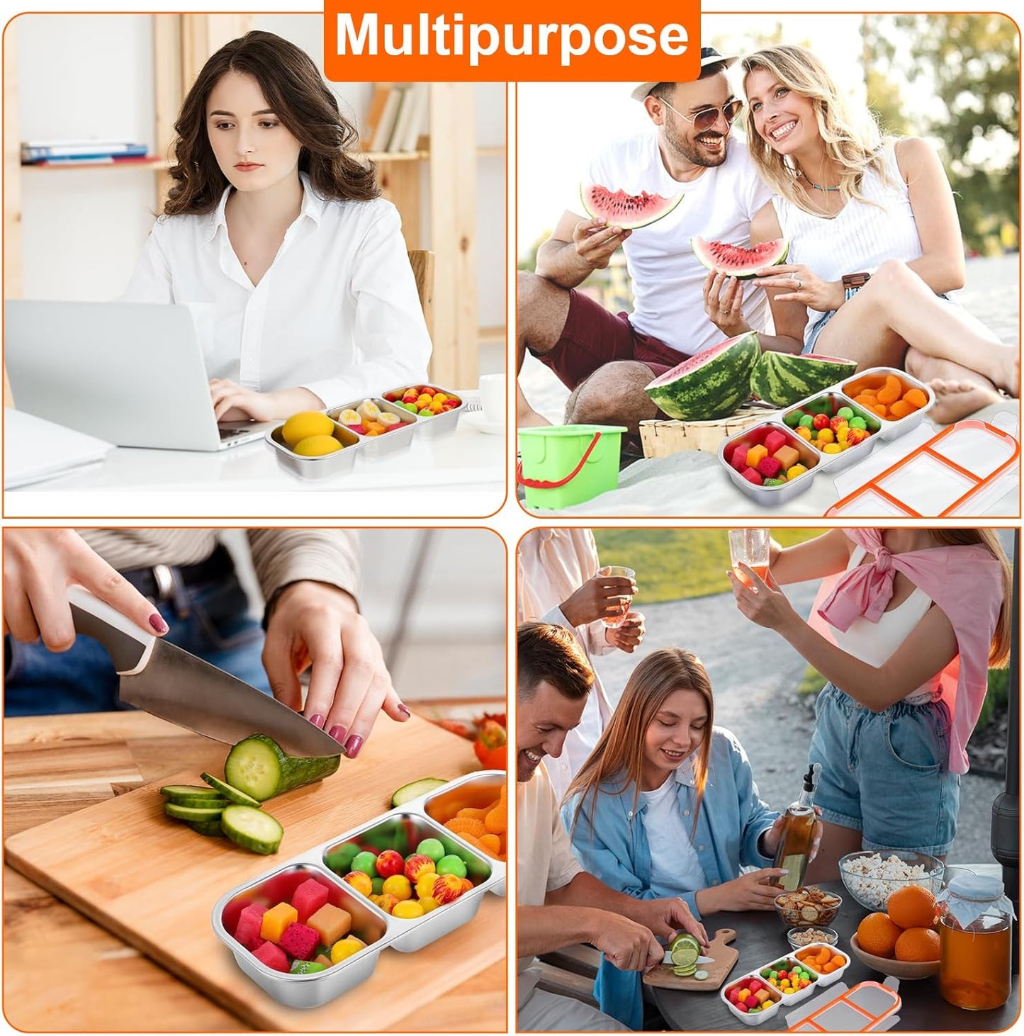 Yolev 2 Pack Stainless Steel Snack Containers - Reusable 3 Compartment Condiment Box with Lids Dishwasher- Reusable Condiment Box for Snacks Dips and Outdoor Camping