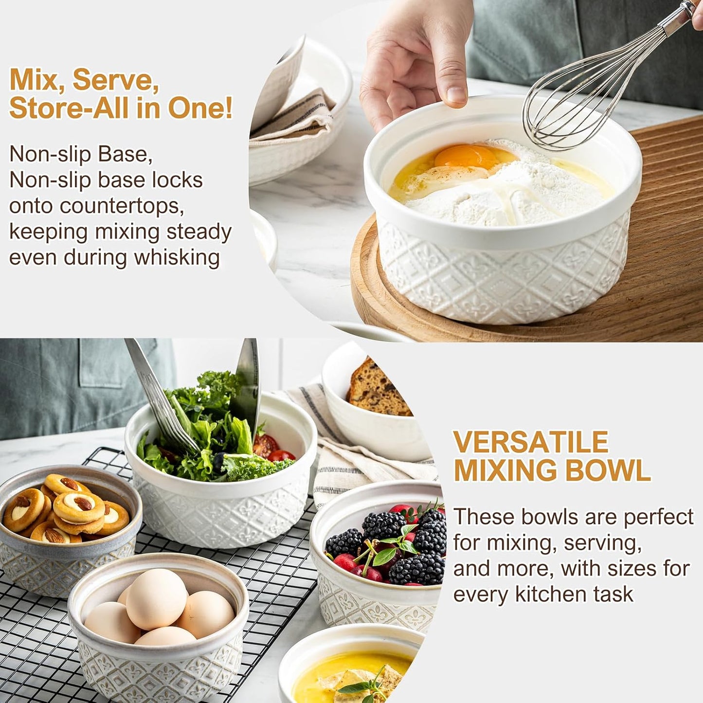 Large Mixing Bowls with Airtight Lids, Classic White Porcelain Embossed Nesting Salad Bowls for Baking and Cooking, 12/16/28/40oz Serving Bowls Set of 4, Oven and Dishwasher Safe, Thanksgiving Gift