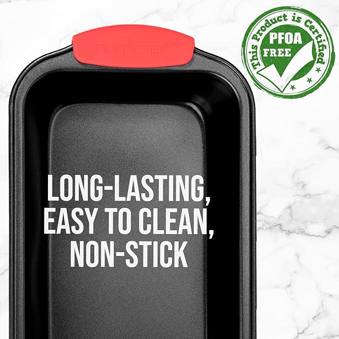 NutriChef Non-Stick Bread Loaf Pan - Premium Carbon Steel Banana Bread Pan w/Silicone Handles - PFOA, PFOS, PTFE-Free Quick-Release Nonstick Coating, Even Heat Distribution - Black, 8-Inch