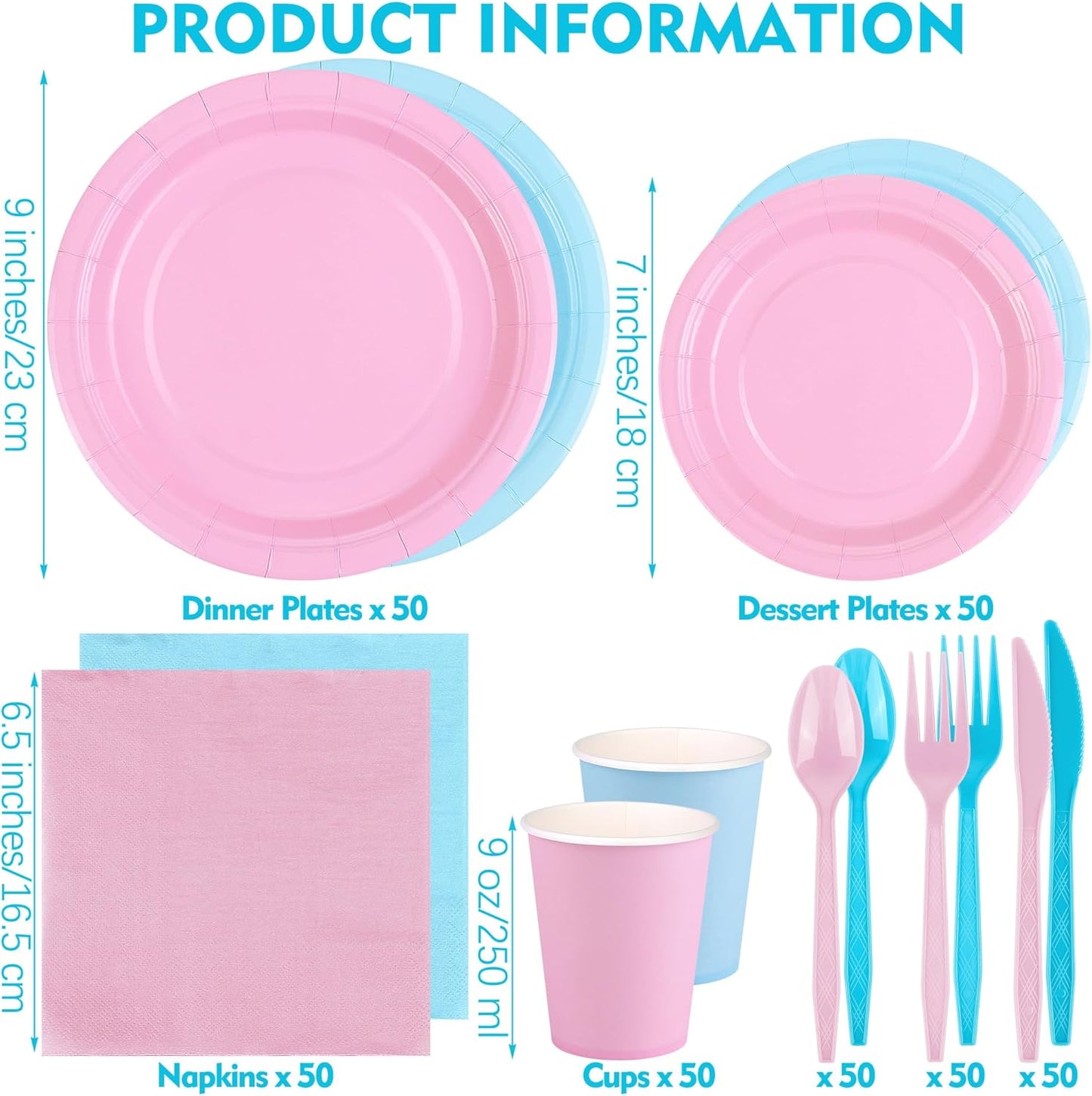 durony 350 Pieces Baby Gender Reveal Party Supplies Light Pink Light Blue Paper Plates Serve 50 Guests Boy or Girl Gender Reveal Plates Napkins Paper Cup Cutlery for 1st Birthday and Baby Shower Decor