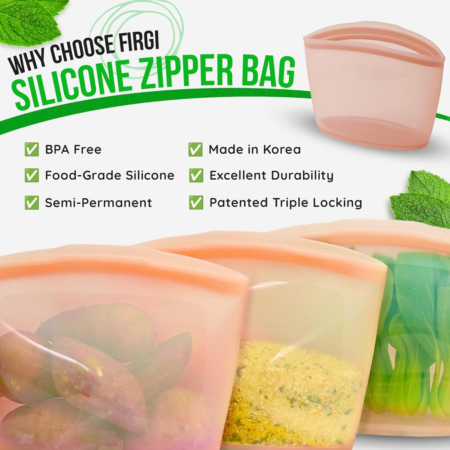 Premium Platinum Silicone Reusable Food Storage Bag 6.3 Cup (53 fl oz), Airtight Zip Lock Bags for Food, BPA-Free Silicone Freezer Bags, Microwave Safe Sous Vide Container, Dry Rose