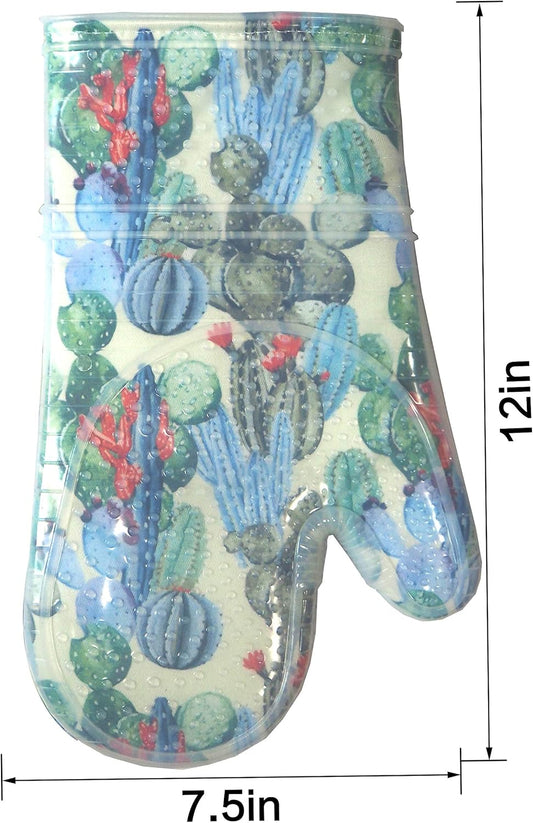 Oven Mitts Set of 2 with Transparent Clear Silicone Shell and Nice Cactus Flower Cotton Lining, Heat Resistant to 500 F Kitchen Oven Gloves Pot Holder for Cooking (Cactus Flower, Oven Mitts)