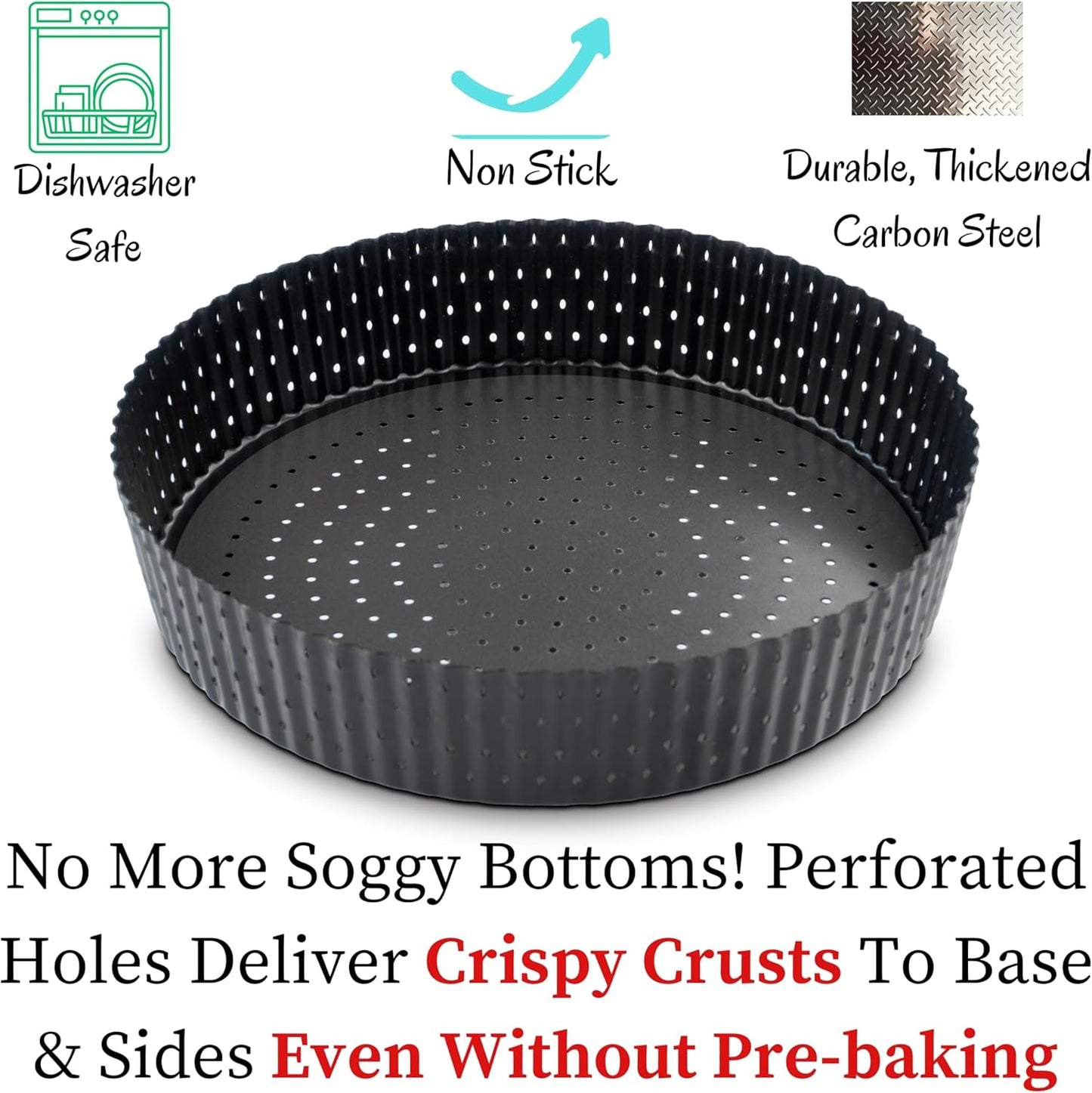 Why Holes: For The Crispiest Crusts. King Crispy's Deep Pie, Tart & Quiche Pan. A Non-Stick, Removable Bottom, Dishwasher Safe, Perforated Pie Pan Baking Plate Dish (9 inch x 2 Deep).
