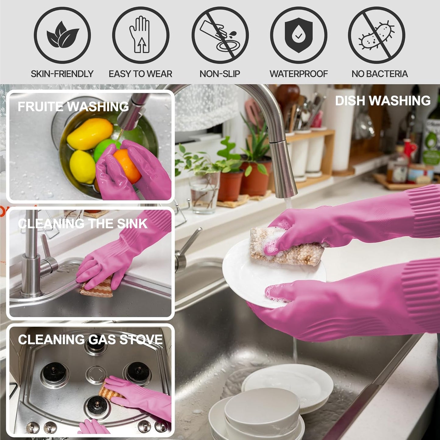 Mamison 2 Pairs Reusable Waterproof Household Dishwashing Cleaning Rubber Gloves, Non-Slip Kitchen Glove (Pink, XXL (Pack of 2))