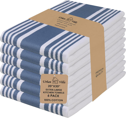 Urban Villa Kitchen Towels 100% Cotton Pack of 6, Highly Absorbent Quick Drying Super Soft Premium Dish Towels for Kitchen with Hanging Loop Hand & Tea Towels - 20x30 Inch, (Blue & White, Striped)