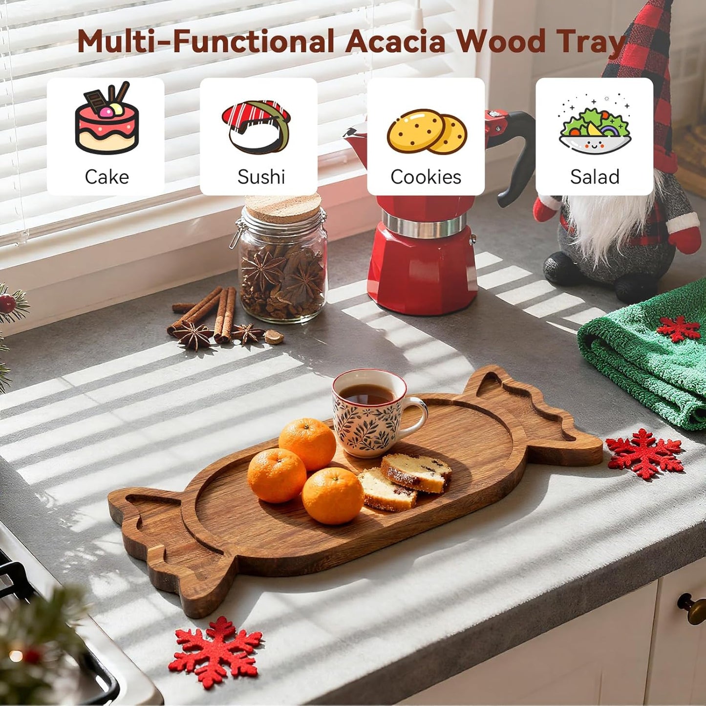 2 Pcs Christmas Charcuterie Boards, Antler & Candy Wooden Cutting Board with Handle, Acacia Wood Christmas Serving Tray for Cheese Fruit Bread Salad Vegetables Snack Dessert