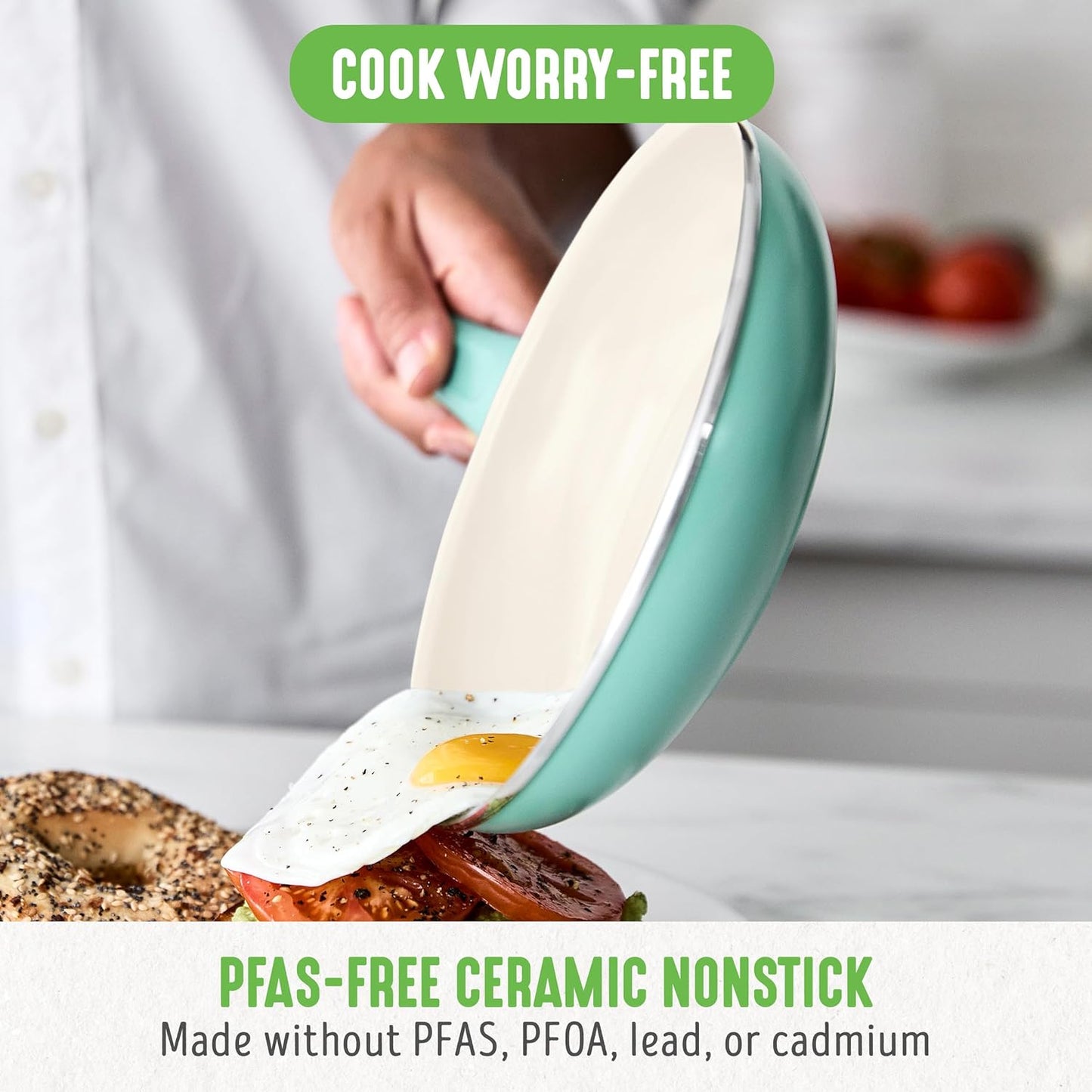 GreenLife Non Stick Fry Pan Set (7" & 10"), Non-Toxic PFAS-Free Ceramic Skillets, Dishwasher & Oven Safe, Egg Omelet Frying Pans, Stay- Cool Handles, Kitchen Home Cooking Essentials, Turquoise