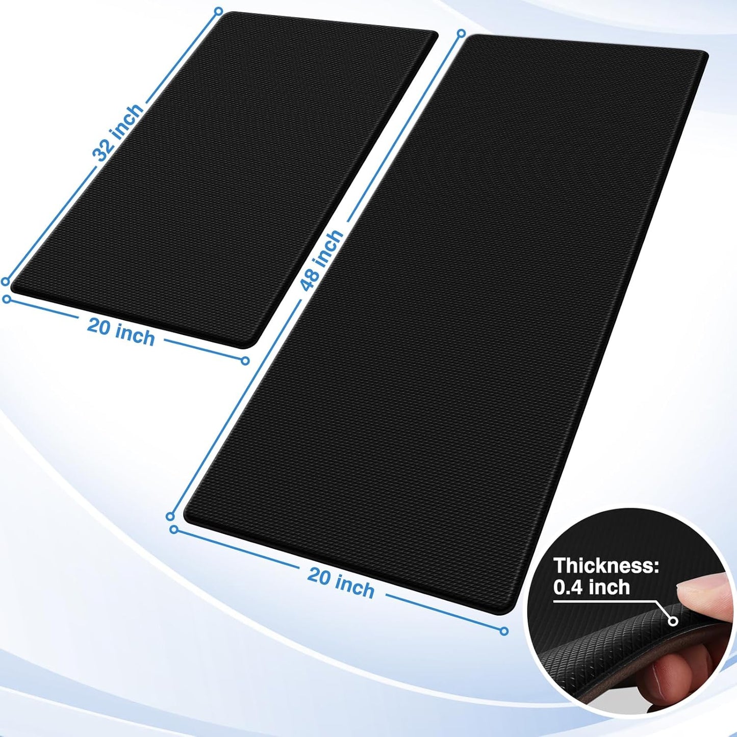StepRite Kitchen Mats, 2PCS Kitchen Rugs, Cushioned Anti Fatigue Kitchen Mats for Floor, Non-Slip Standing Desk Mat, Waterproof Kitchen Rug Set for Kitchen, 20" x 32"+20" x 48"-0.4 inch Thick, Black