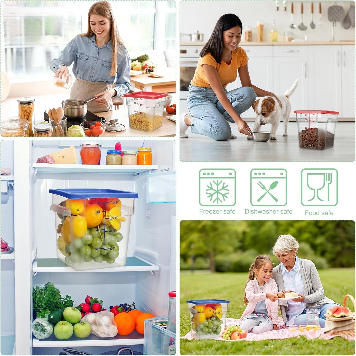 Lallisa 4 Pcs 8 Qt and 4 Qt Clear Food Storage Containers with Lids, Handles and Scales, Commercial Grade Square Containers Polycarbonate Air Tight for Home Storage Kitchen Restaurant(Red, Blue)