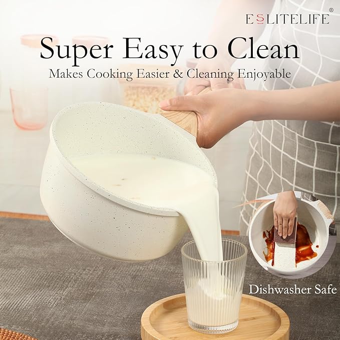 ESLITE LIFE Nonstick Sauce Pan with Lid, 2.5 QT Small Soup Pot Compatible with All Stovetops (Gas, Electric & Induction), PFOA Free, White