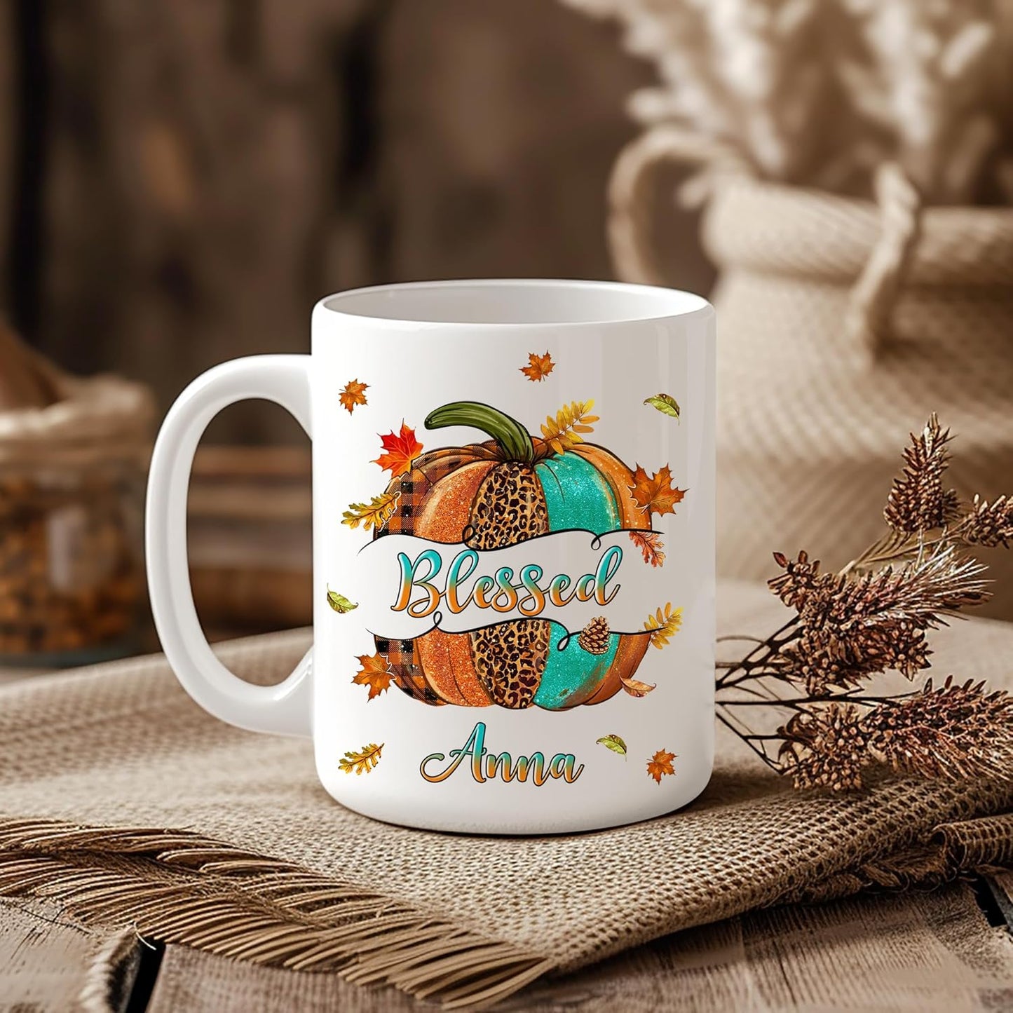 Hyturtle Personalized Fall Autumn Mug Gifts - Pumpkin Blessed - Custom Name Coffee Cup Ceramic Mug 11oz 15oz - Autumn Gifts - Fall Thanksgiving Decor Gift - Birthday Christmas